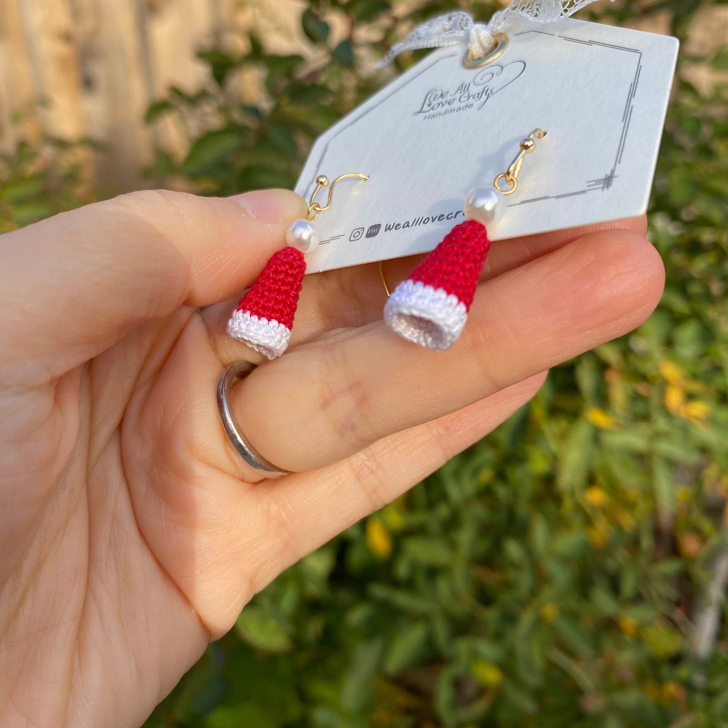 Red Christmas Hat with pearl dangled crochet earrings/Microcrochet/14k gold earrings/Holiday gift for her/Knitted handmade jewelry