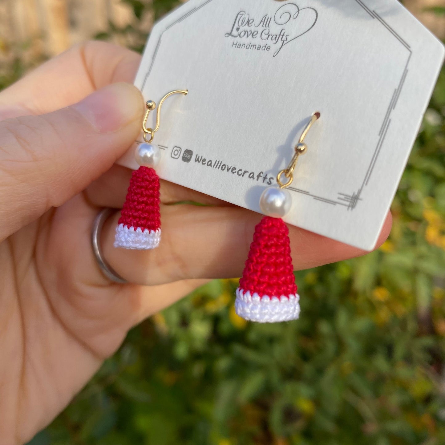 Red Christmas Hat with pearl dangled crochet earrings/Microcrochet/14k gold earrings/Holiday gift for her/Knitted handmade jewelry