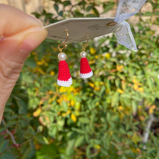 Red Christmas Hat with pearl dangled crochet earrings/Microcrochet/14k gold earrings/Holiday gift for her/Knitted handmade jewelry