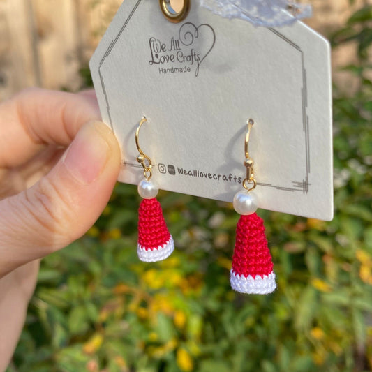 Red Christmas Hat with pearl dangled crochet earrings/Microcrochet/14k gold earrings/Holiday gift for her/Knitted handmade jewelry