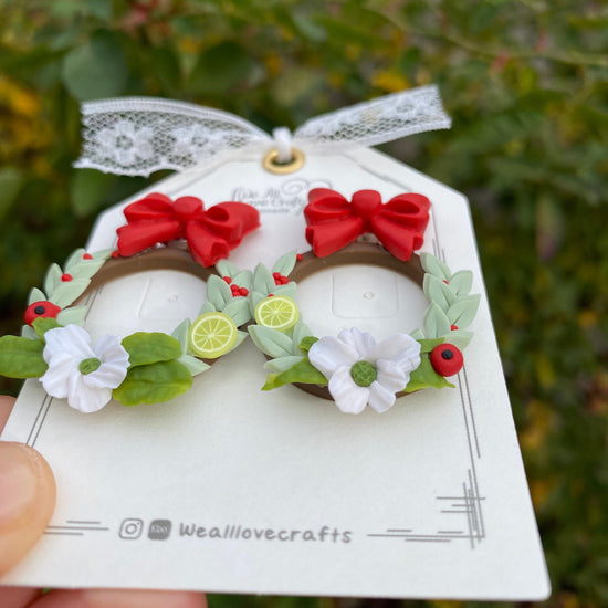 Christmas Wreath Polymer clay Stud earrings with flowers and fruits/14k gold plated/gift for her/Unique handmade/Christmas statement jewelry