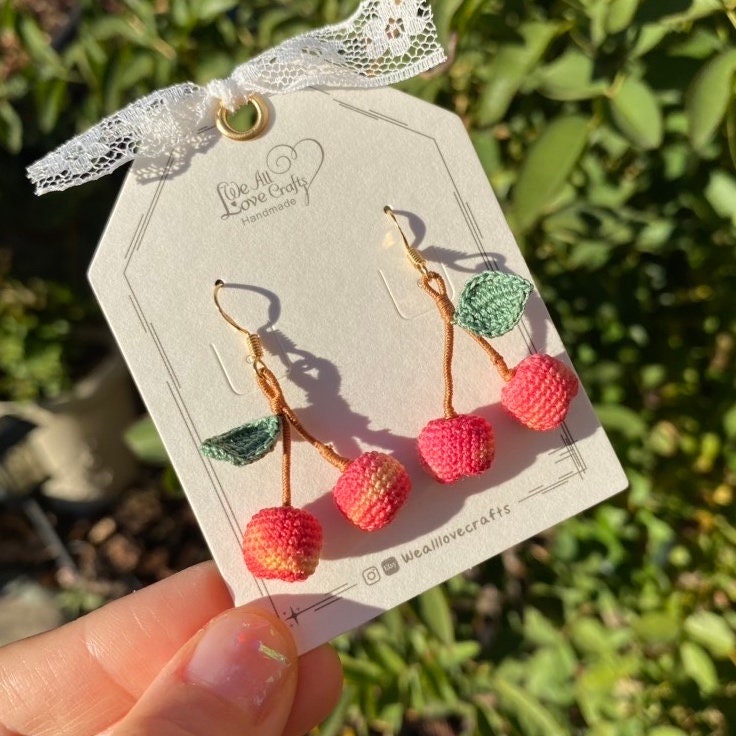 Cherry crochet dangled earrings/Microcrochet/14k gold jewelry/Summer fruit gift for her/Ship from US