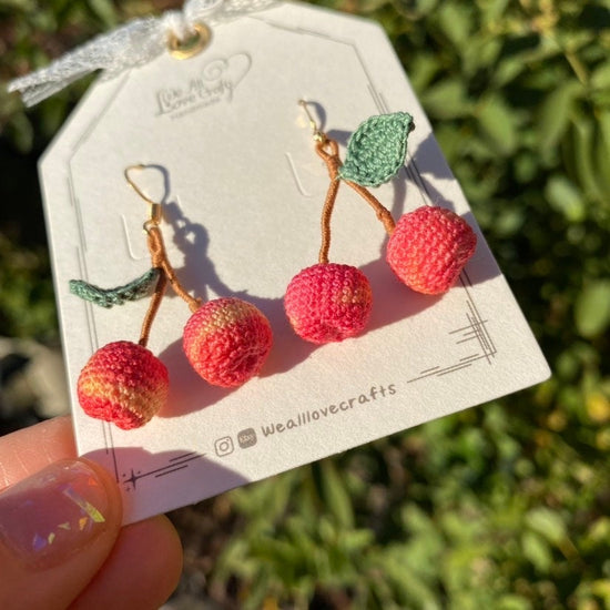 Cherry crochet dangled earrings/Microcrochet/14k gold jewelry/Summer fruit gift for her/Ship from US