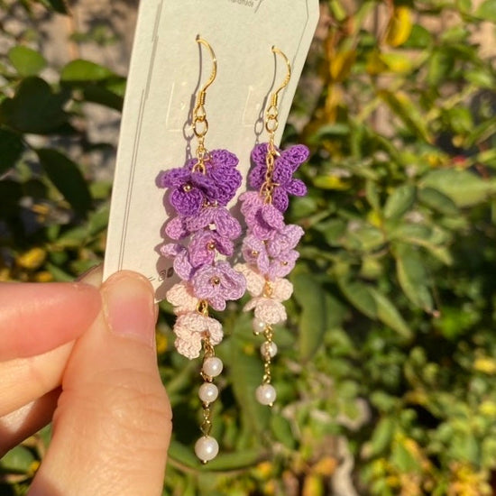 4 shades of Purple ombre flower cluster crochet dangle earrings/Microcrochet/14k gold/gift for her/Knitting handmade jewelry