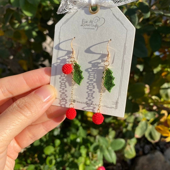 Holly with Red berries dangled earrings/Microcrochet/14k gold earrings/fall flower gift for her/Knitting handmade Christmas jewelry