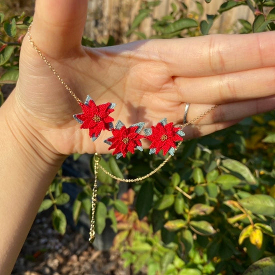 Load image into Gallery viewer, Red Poinsettia flower necklace for Christmas/Microcrochet/14k gold/winter for her/Knitting handmade jewelry
