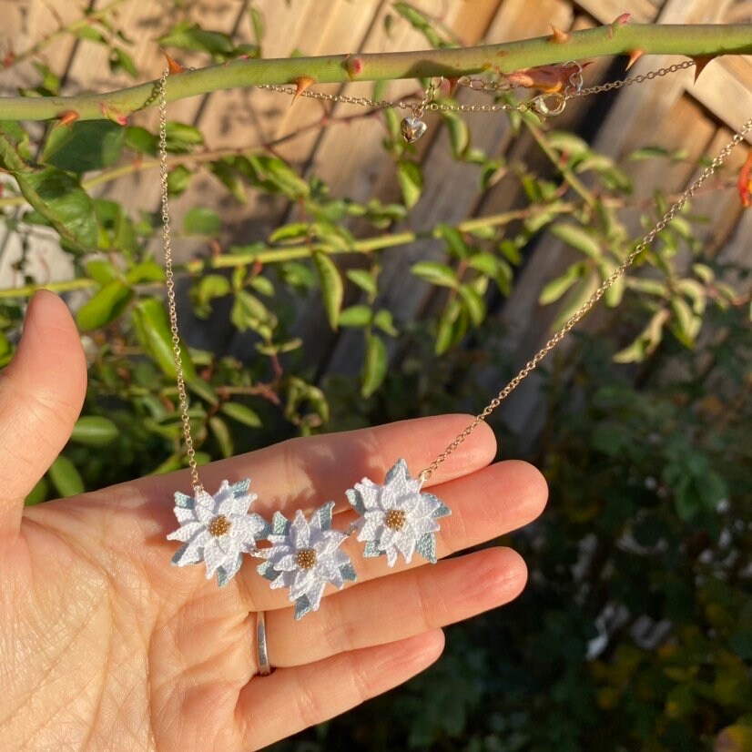 White Poinsettia flower necklace for Christmas/Microcrochet/14k gold/winter jewelry for her/Knitting handmade