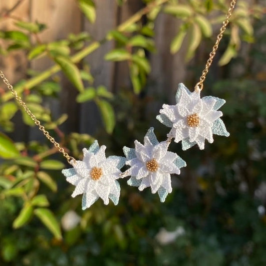 White Poinsettia flower necklace for Christmas/Microcrochet/14k gold/winter jewelry for her/Knitting handmade