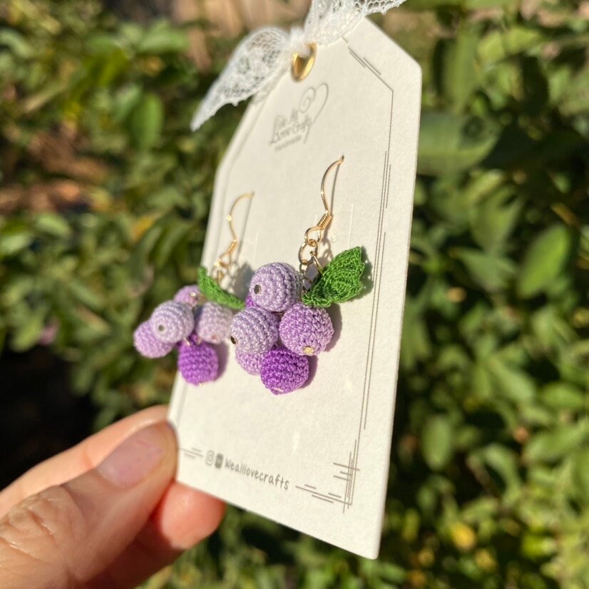 Load image into Gallery viewer, Purple grapes with leaf crochet dangled earrings/Microcrochet/14k gold jewelry/Summer fruit gift for her/Ship from US
