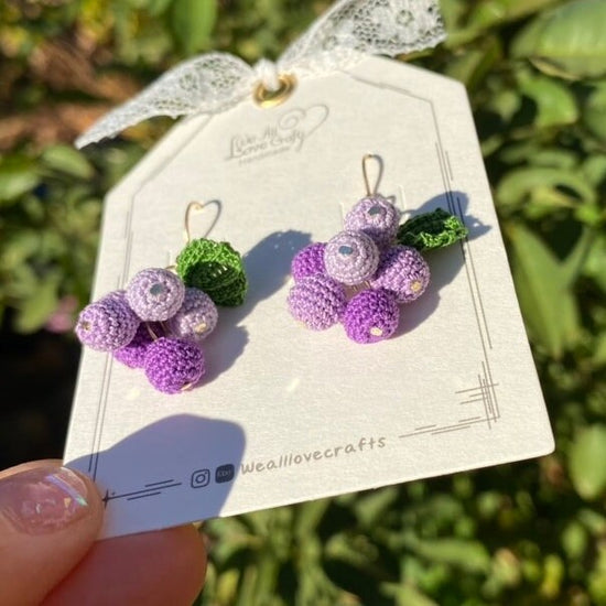 Load image into Gallery viewer, Purple grapes with leaf crochet dangled earrings/Microcrochet/14k gold jewelry/Summer fruit gift for her/Ship from US
