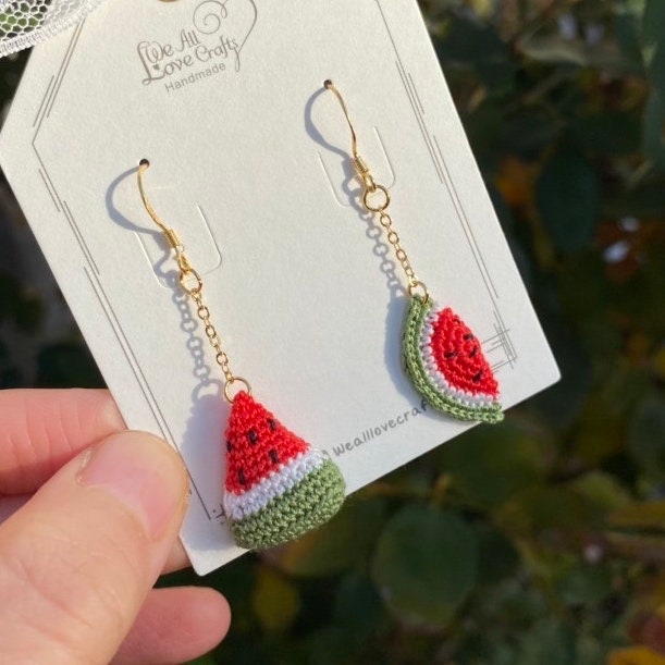Load image into Gallery viewer, Watermelon crochet dangled Asymmetrical earrings/Microcrochet/14k gold jewelry/Summer fruit and vegetable gift for her/Ship from US
