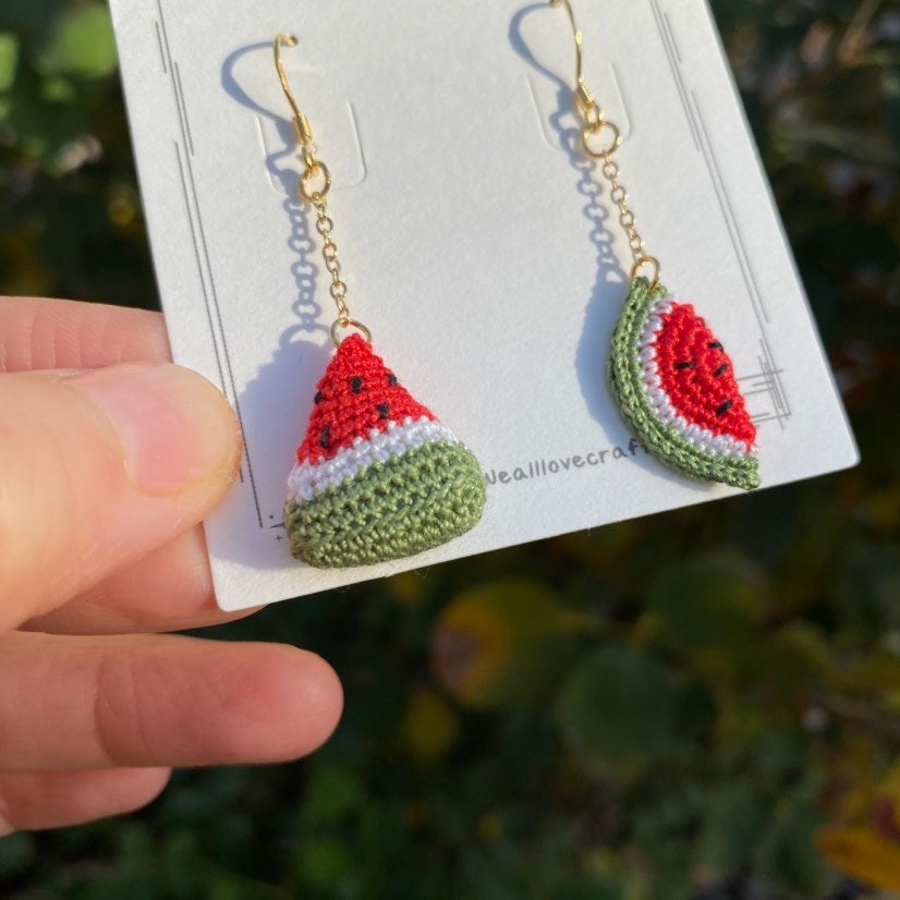 Watermelon crochet dangled Asymmetrical earrings/Microcrochet/14k gold jewelry/Summer fruit and vegetable gift for her/Ship from US