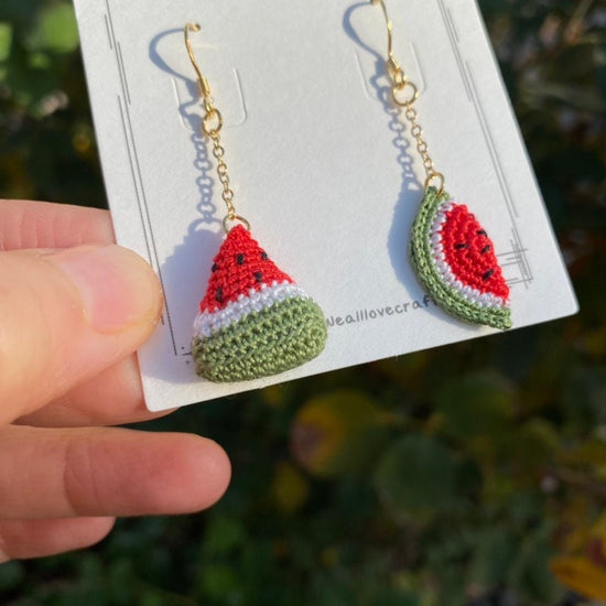 Load image into Gallery viewer, Watermelon crochet dangled Asymmetrical earrings/Microcrochet/14k gold jewelry/Summer fruit and vegetable gift for her/Ship from US
