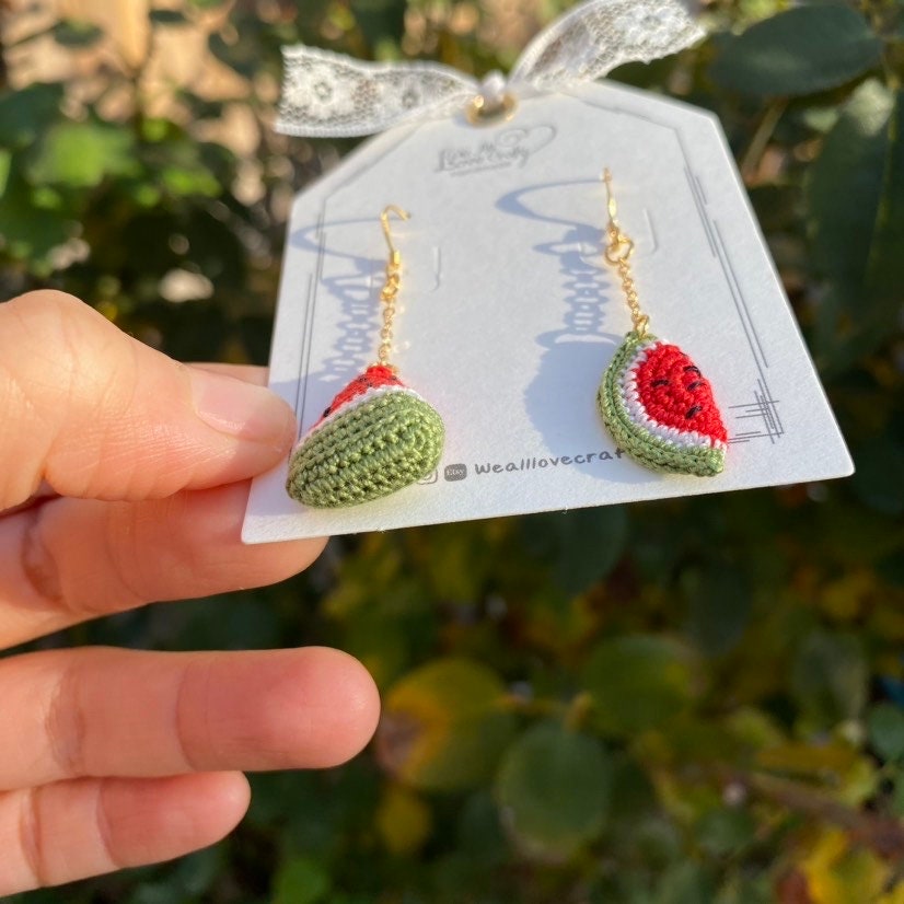 Watermelon crochet dangled Asymmetrical earrings/Microcrochet/14k gold jewelry/Summer fruit and vegetable gift for her/Ship from US