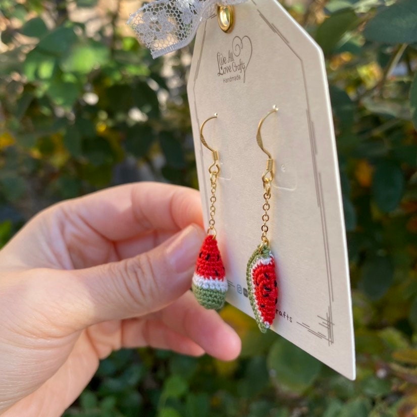 Watermelon crochet dangled Asymmetrical earrings/Microcrochet/14k gold jewelry/Summer fruit and vegetable gift for her/Ship from US