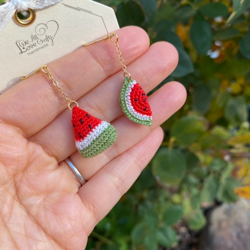 Watermelon crochet dangled Asymmetrical earrings/Microcrochet/14k gold jewelry/Summer fruit and vegetable gift for her/Ship from US