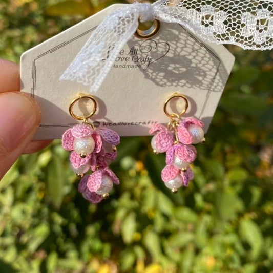 Purple Pink Ombre flower cluster with pearl beads crochet dangle earrings/Microcrochet/14k gold/gift for her/Knitting handmade jewelry