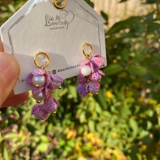 Purple Pink Ombre flower cluster with pearl beads crochet dangle earrings/Microcrochet/14k gold/gift for her/Knitting handmade jewelry