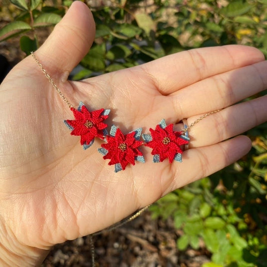 Red Poinsettia flower necklace for Christmas/Microcrochet/14k gold/winter for her/Knitting handmade jewelry