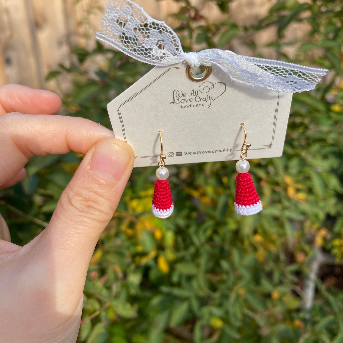 Red Christmas Hat with pearl dangled crochet earrings/Microcrochet/14k gold earrings/Holiday gift for her/Knitted handmade jewelry