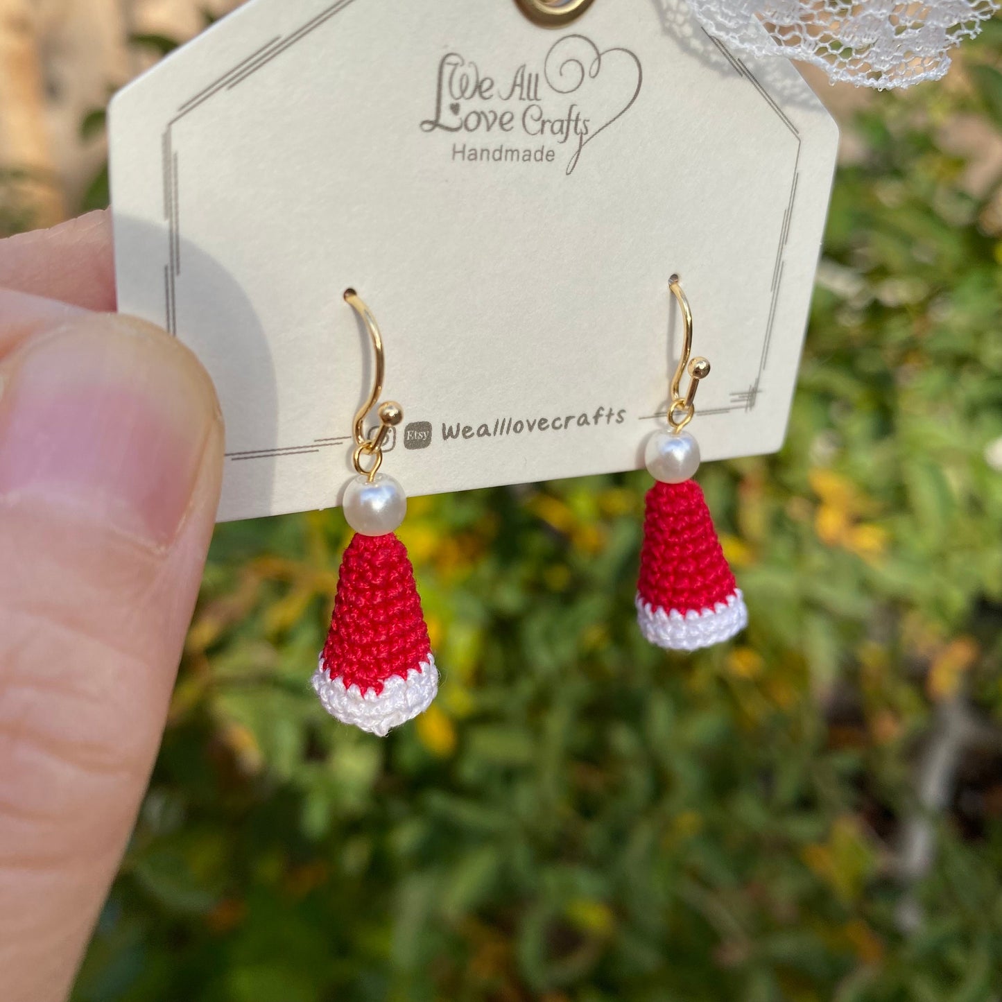 Red Christmas Hat with pearl dangled crochet earrings/Microcrochet/14k gold earrings/Holiday gift for her/Knitted handmade jewelry