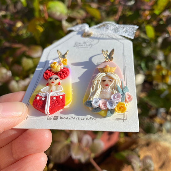 Fairytale Queen of hearts inspired Polymer Clay handmade Asymmetrical earrings/14k gold plated /Halloween costume