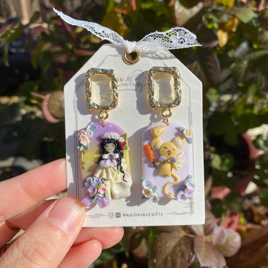 Load image into Gallery viewer, Girl with Magic power and Yellow flying Bear stud clay earrings/Magic cards/Amigurumi/Unique anime accessory/Ship from US
