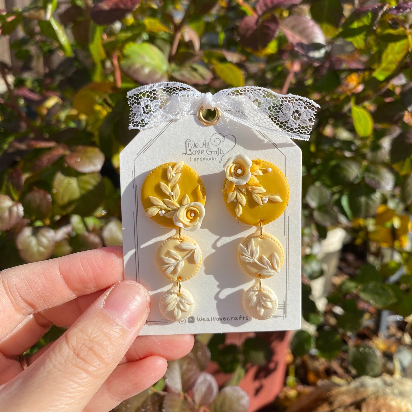 Yellow flowers polymer clay handmade dangle stud earrings/Anniversary Wedding Birthday gift for her/925 sterling silver/Floral earth tone