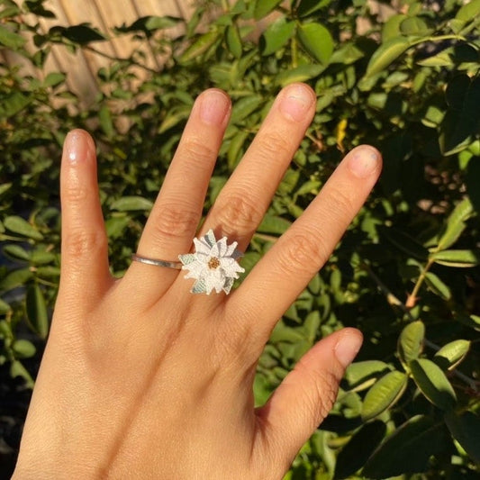 White Poinsettia flower crochet Ring/Microcrochet/14k gold metal ring/Christmas holiday flower gift for her/Knitting handmade jewelry