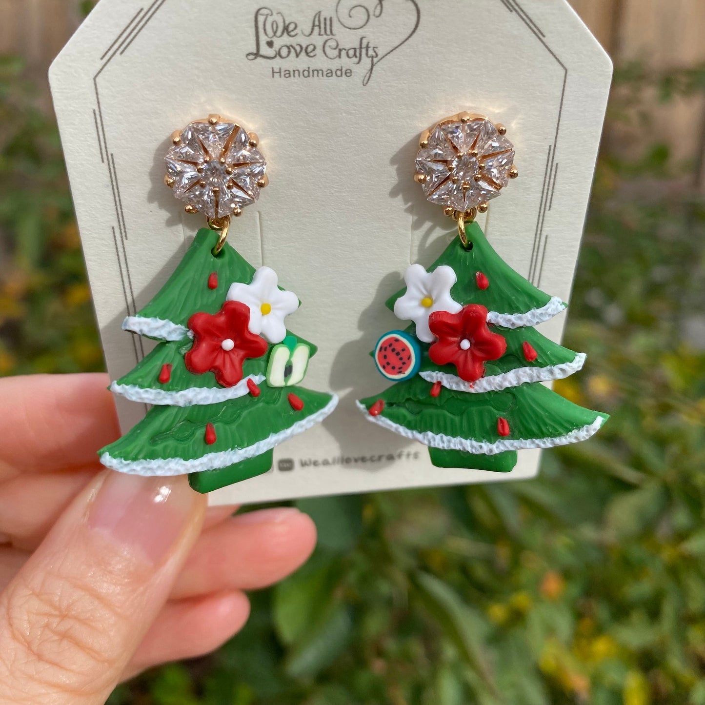 Load image into Gallery viewer, Christmas tree Polymer clay earrings with rhinestone/14k gold plated/gift for her/Unique handmade jewelry/Christmas statement jewelry
