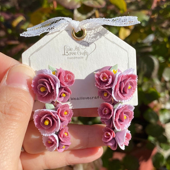 Mauve red rose cluster Polymer Clay handmade stud earrings/Flower jewelry/Wedding flower earrings/bride and bridesmaid studs