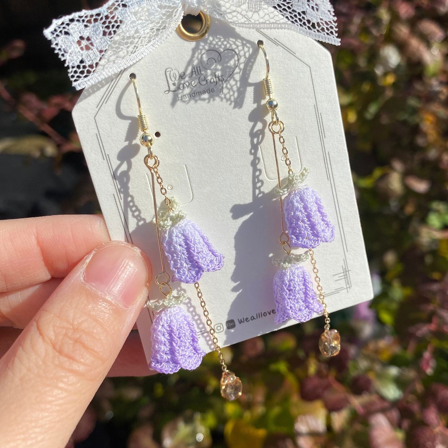 Load image into Gallery viewer, Purple bell shaped clematis flower ring crochet dangle earrings/Microcrochet/925 sterling silver/gift for her/Knitting handmade jewelry
