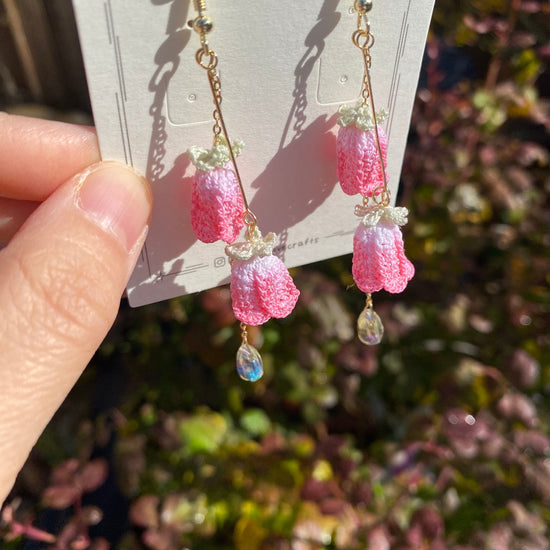 Pink bell shaped clematis flower ring crochet dangle earrings/Microcrochet/14k gold plated/gift for her/Knitting handmade jewelry