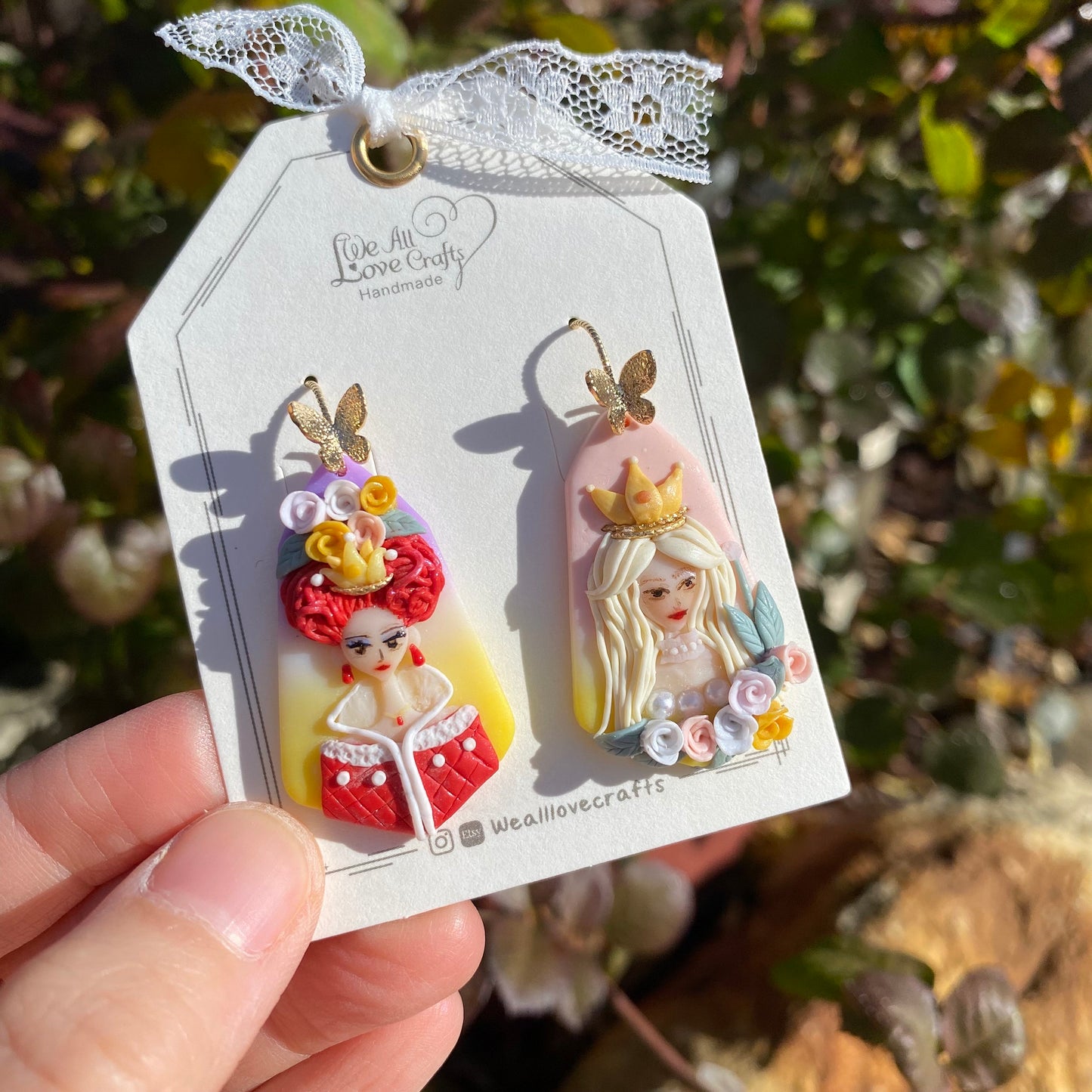 Fairytale Queen of hearts inspired Polymer Clay handmade Asymmetrical earrings/14k gold plated /Halloween costume