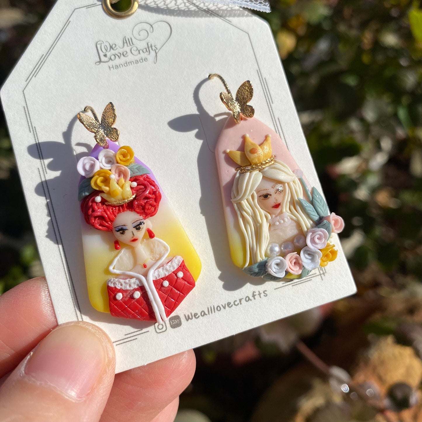 Fairytale Queen of hearts inspired Polymer Clay handmade Asymmetrical earrings/14k gold plated /Halloween costume