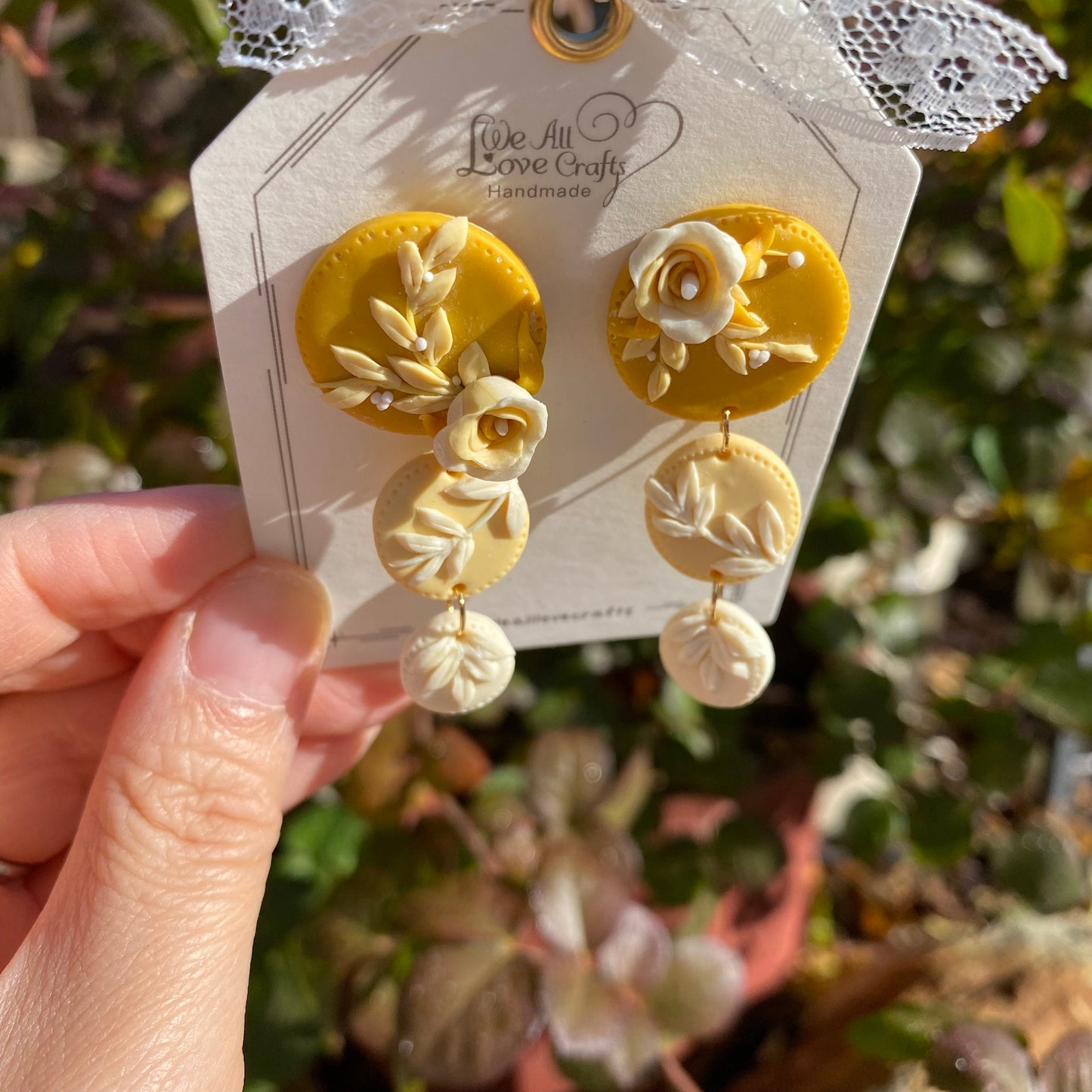 Yellow flowers polymer clay handmade dangle stud earrings/Anniversary Wedding Birthday gift for her/925 sterling silver/Floral earth tone