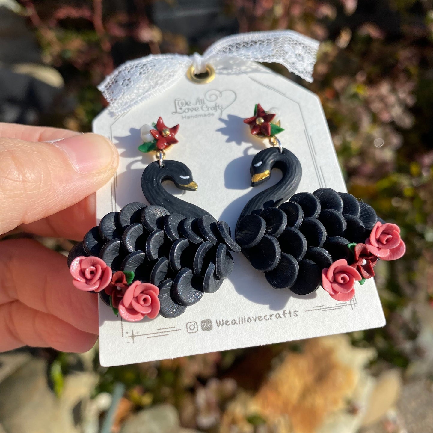Valentine's day Black Swan Polymer Clay handmade  stud earrings/s925 sterling sliver/symmetrical anniversary gift/Wedding swan present/