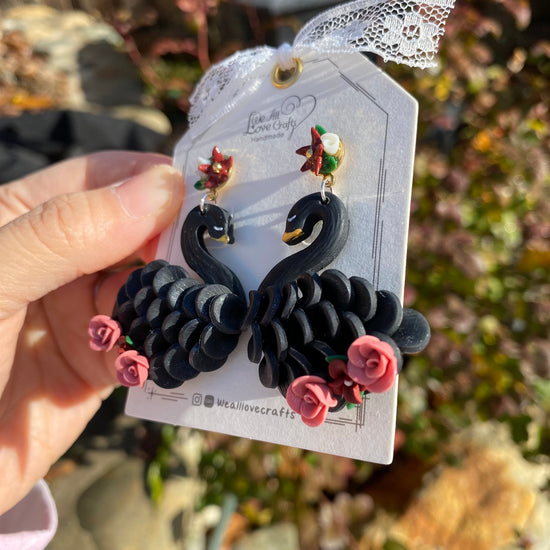 Valentine's day Black Swan Polymer Clay handmade  stud earrings/s925 sterling sliver/symmetrical anniversary gift/Wedding swan present/