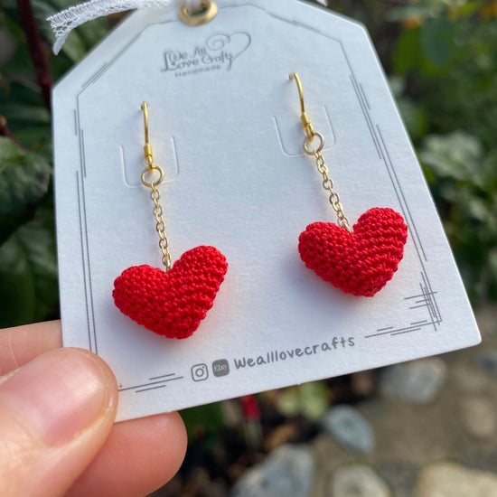 Red 3D heart crochet dangle earrings/Microcrochet/14k gold plated/Valentine's day Love gift for her/Knitting handmade jewelry