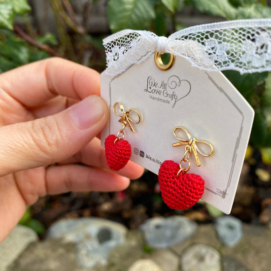 Red 3D heart with gold bow tie crochet stud earrings/Microcrochet/14k gold plated/Valentine's day gift for her/Knitting handmade jewelry