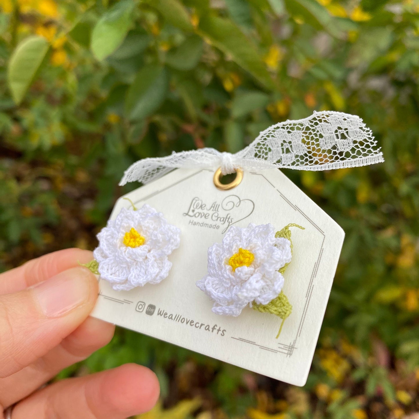 White Gardenia with leaves crochet stud earrings/Microcrochet//925 sterling sliver/Flower jewelry gift for her/Spring floral accessories