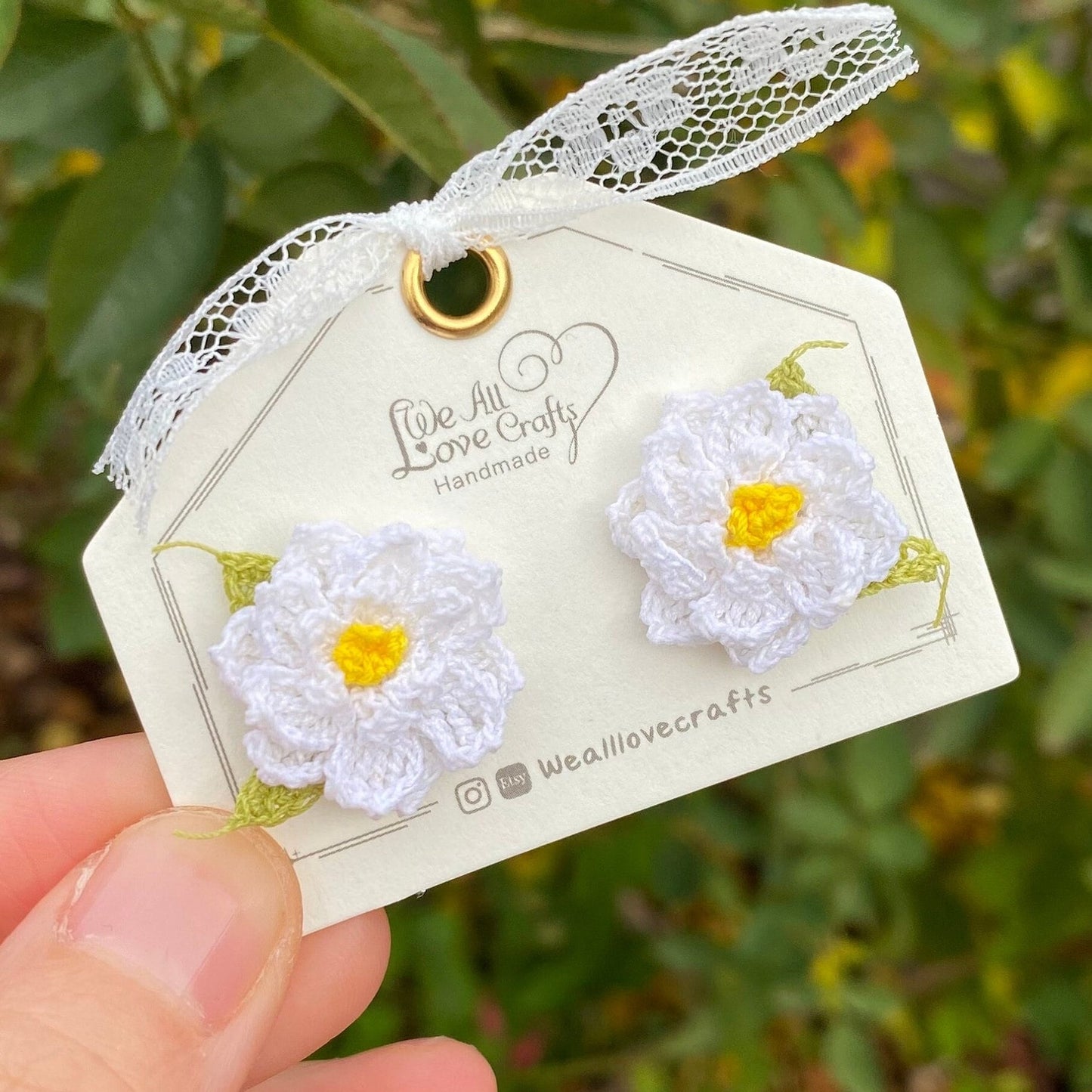 White Gardenia with leaves crochet stud earrings/Microcrochet//925 sterling sliver/Flower jewelry gift for her/Spring floral accessories