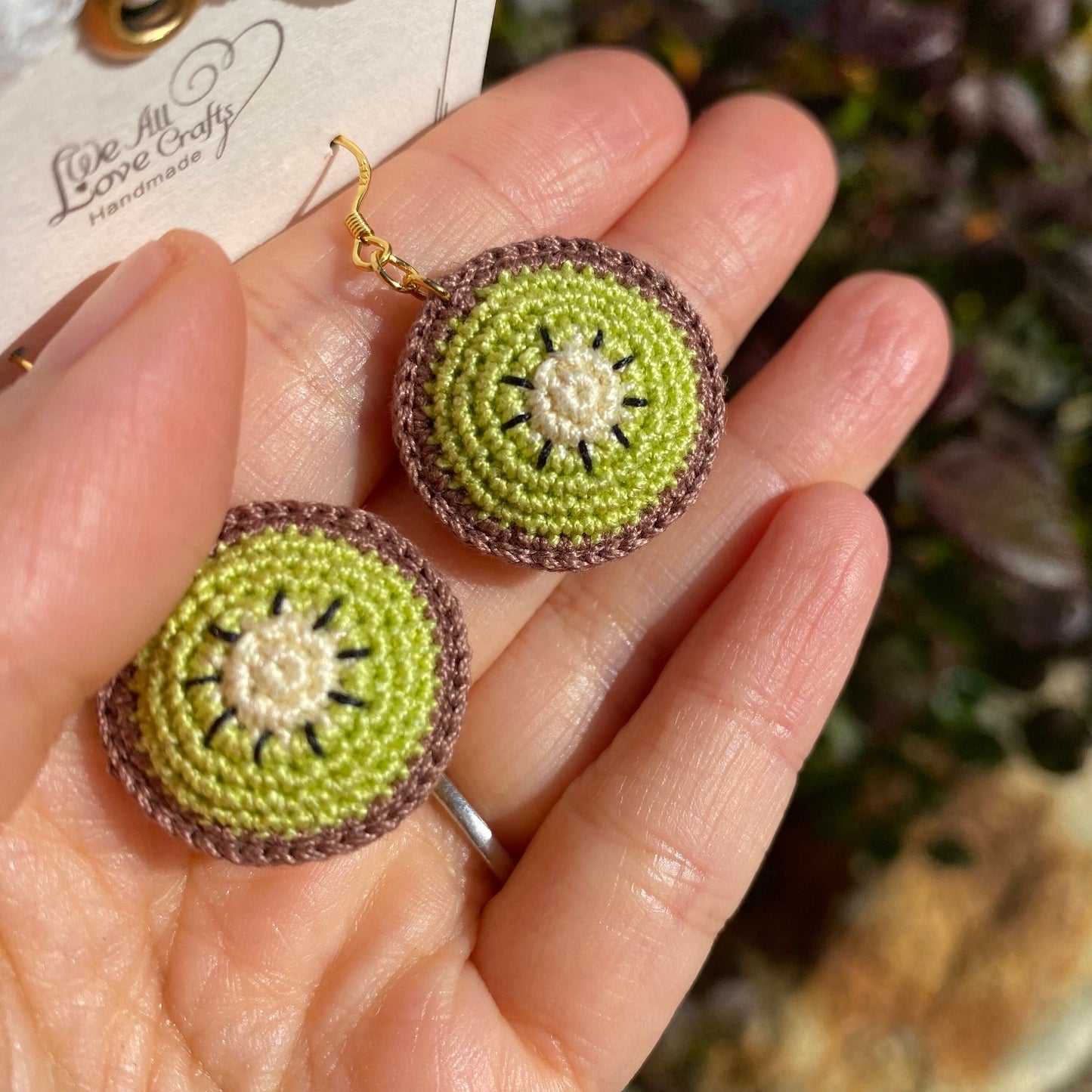 Green Kiwi fruit slice crochet dangled earrings/Microcrochet/14k gold jewelry/Summer fruit gift for her/Ship from US