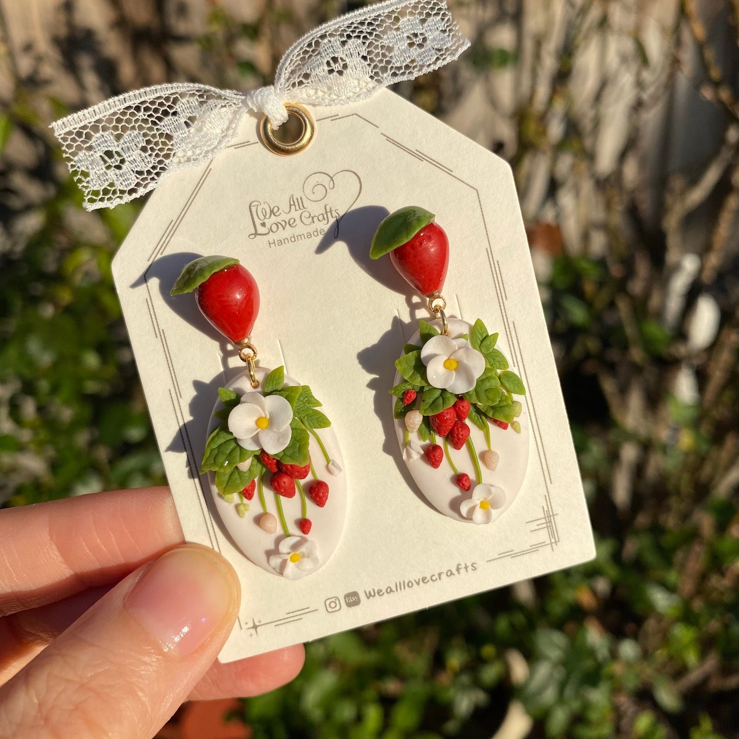 Load image into Gallery viewer, Strawberry flower polymer clay handmade stud earrings/925 nSterling silver jewelry/Summer fruit gift for her/Ship from US
