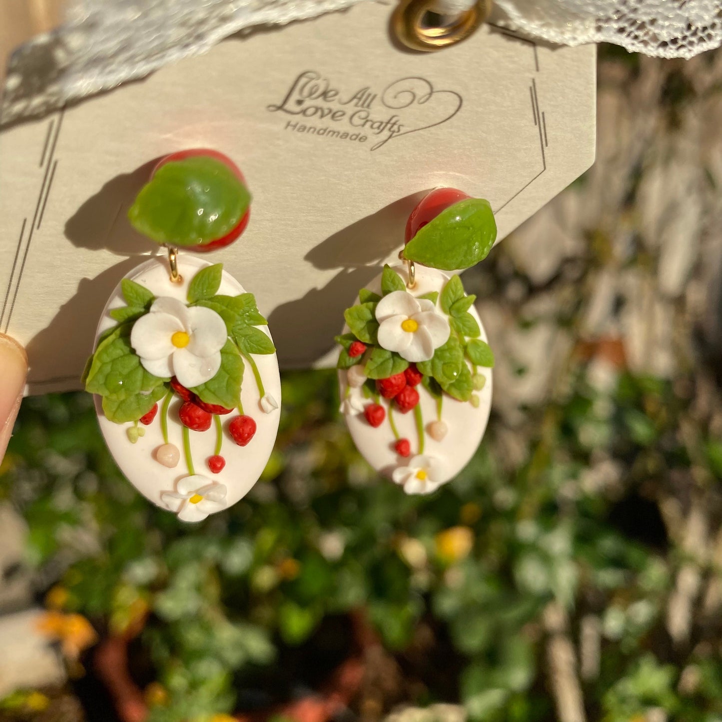 Load image into Gallery viewer, Strawberry flower polymer clay handmade stud earrings/925 nSterling silver jewelry/Summer fruit gift for her/Ship from US

