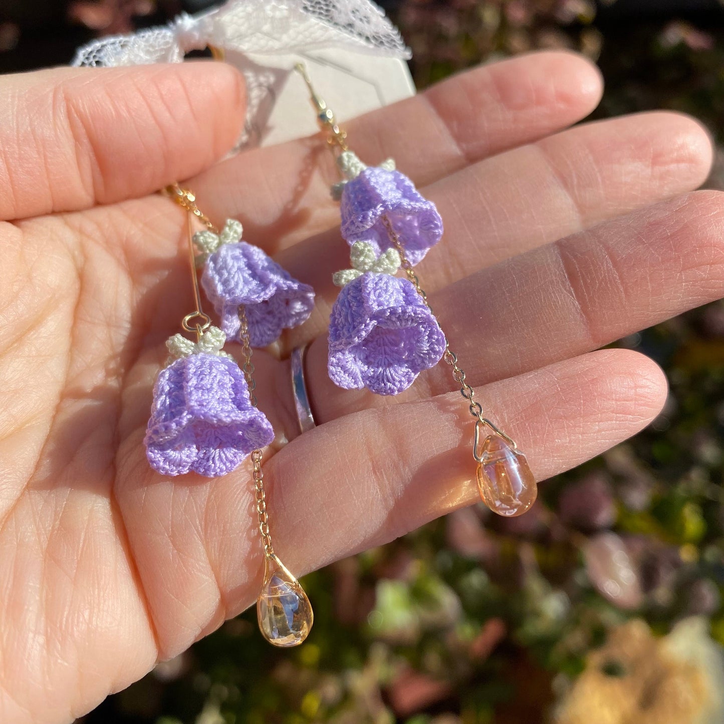 Purple bell shaped clematis flower ring crochet dangle earrings/Microcrochet/925 sterling silver/gift for her/Knitting handmade jewelry