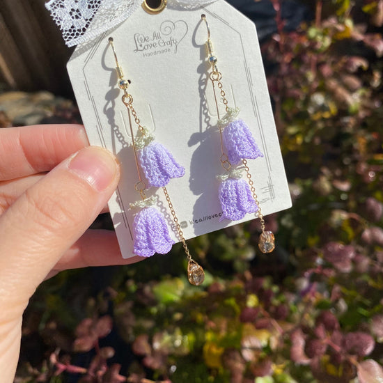 Purple bell shaped clematis flower ring crochet dangle earrings/Microcrochet/925 sterling silver/gift for her/Knitting handmade jewelry