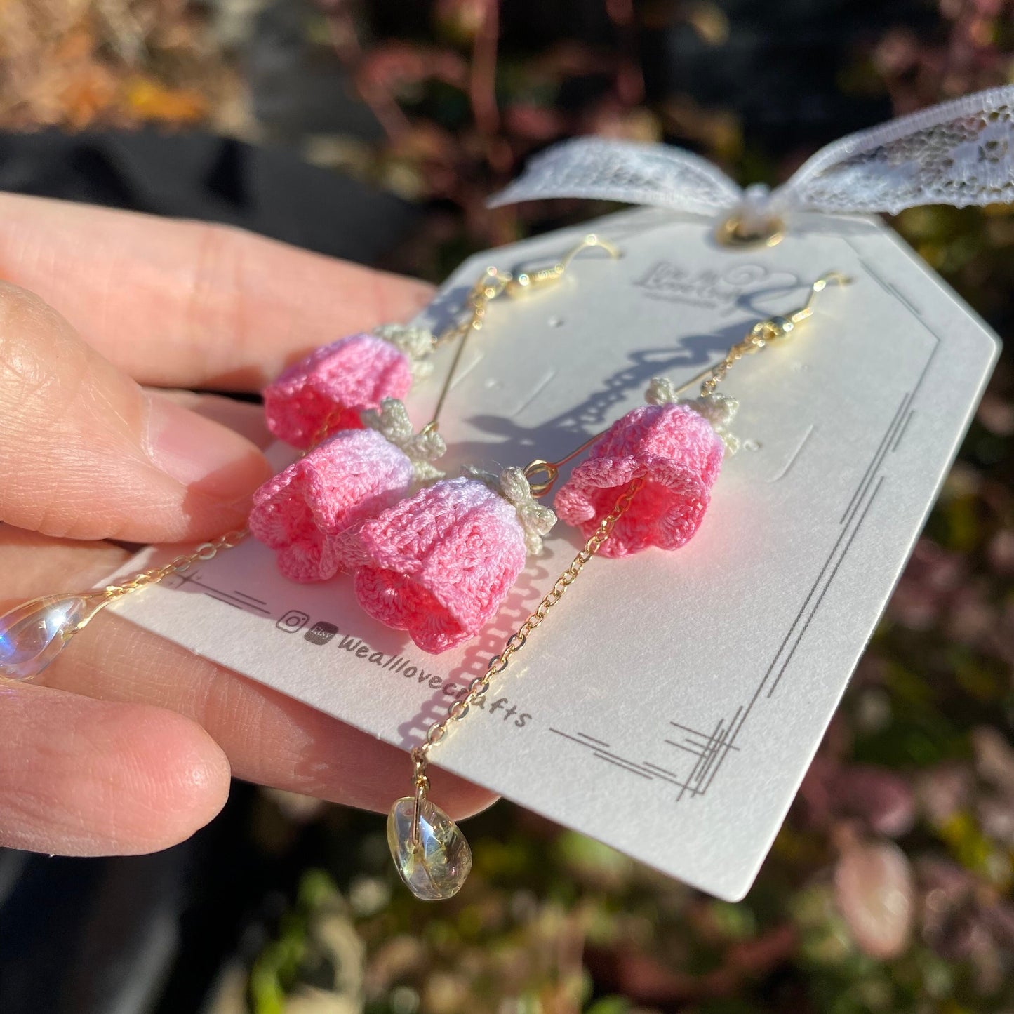 Pink bell shaped clematis flower ring crochet dangle earrings/Microcrochet/14k gold plated/gift for her/Knitting handmade jewelry