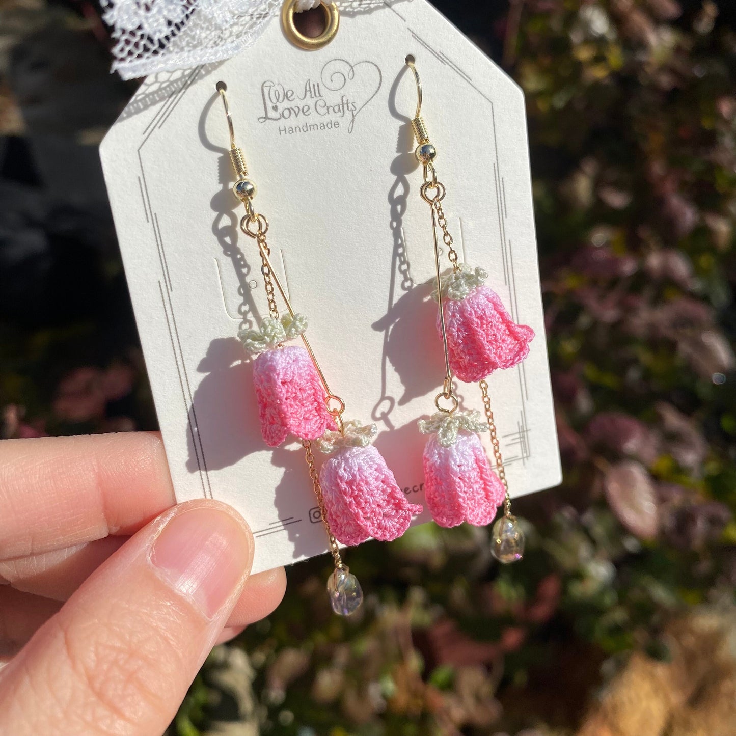 Pink bell shaped clematis flower ring crochet dangle earrings/Microcrochet/14k gold plated/gift for her/Knitting handmade jewelry