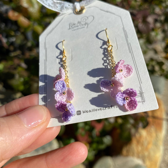 Pink and purple ombre flower cluster crochet dangle earrings/Microcrochet/14k gold/gift for her/Knitting handmade jewelry